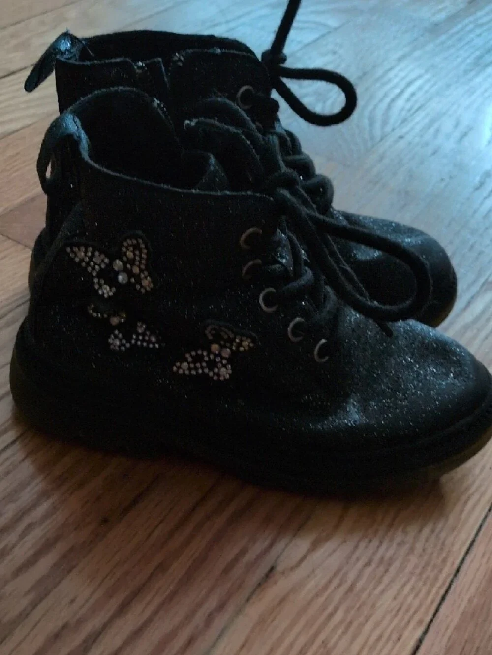 Kids Black Glitter Lace-Up Ankle Boots With Butterflies‎ Size 10